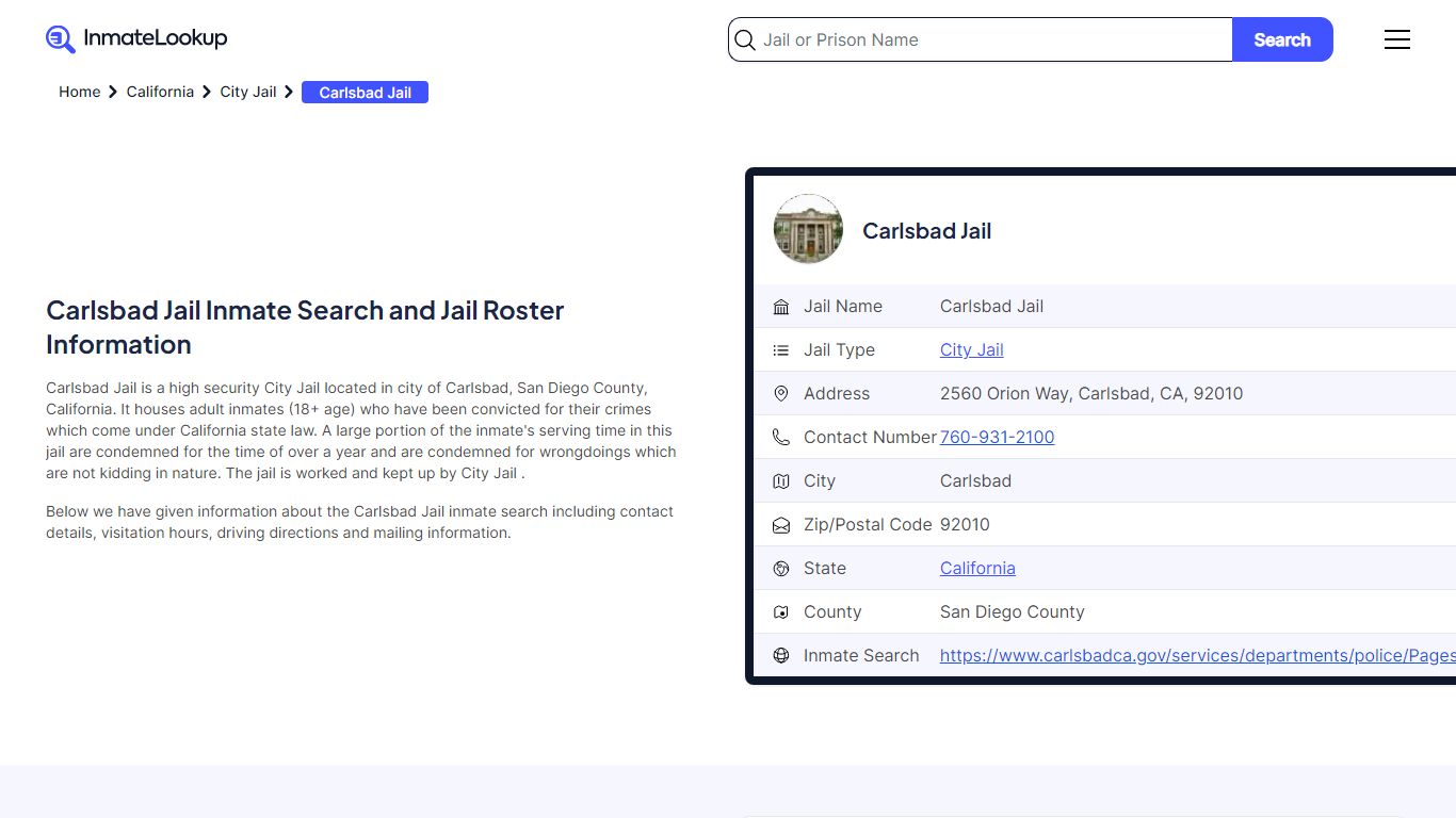 Carlsbad Jail Inmate Search - Carlsbad California - Inmate Lookup